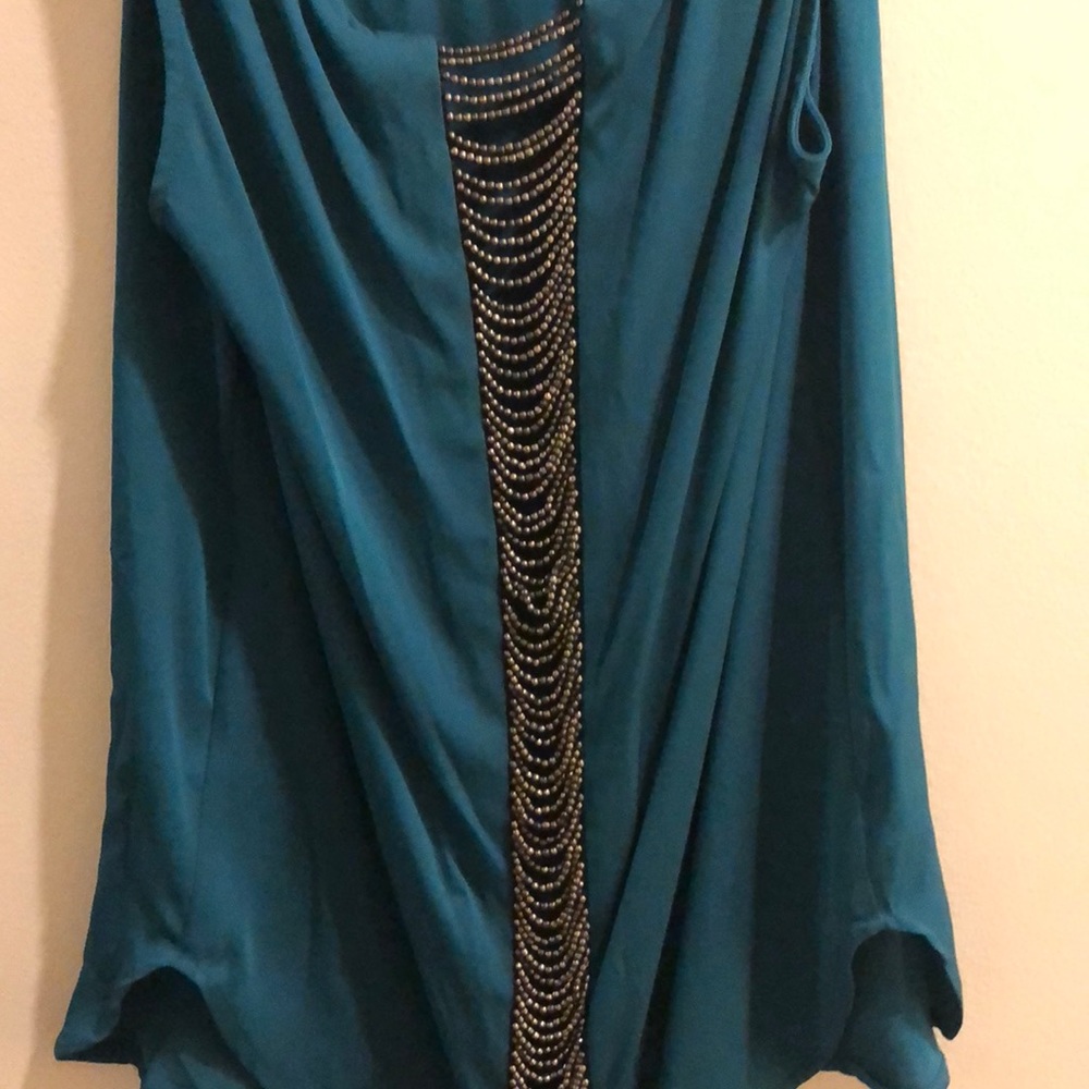 Teal silk blouse,dark grey beading open back. 🖤